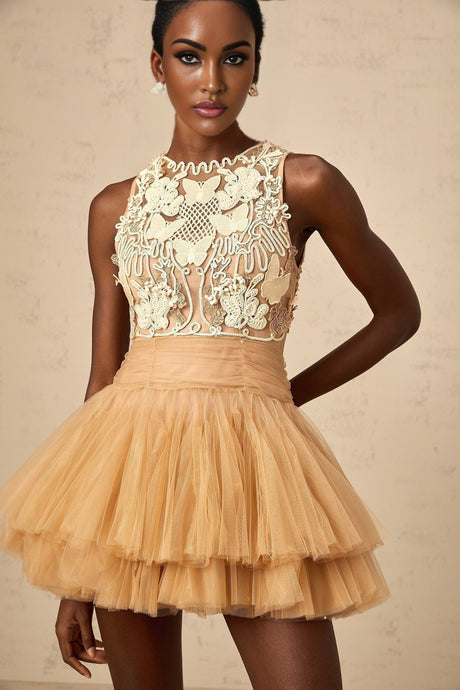 A short khaki dress with a fitted bodice and flared skirt made of tulle featuring embellished corded lace panels and intricate detailing