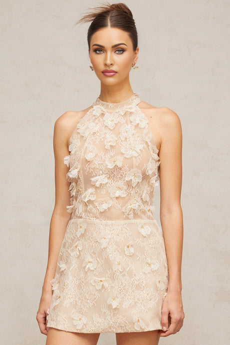 A short lace mini dress in neutral tones with floral appliques decorating the fabric