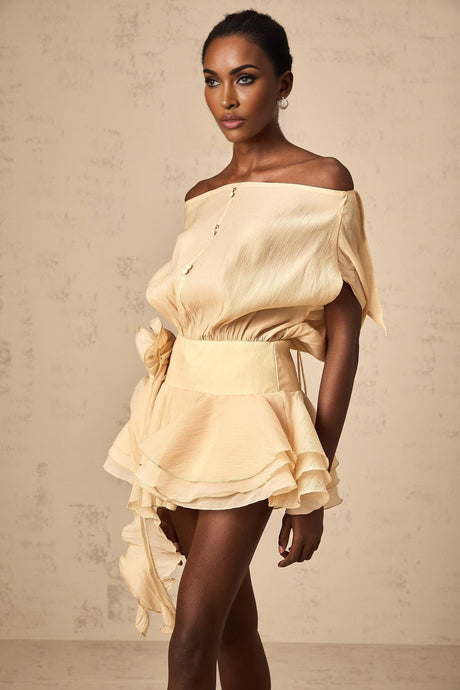 A short light colored dress with a floral applique design and ruffled flounced hem in a mini length style named Amelie