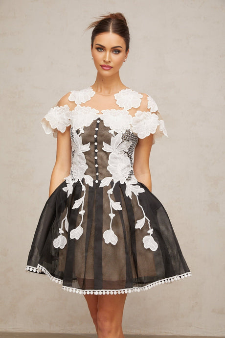 A short mini dress with colorblocked design featuring floral embroidery details named Sandrine