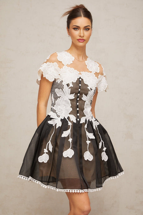 A short mini dress with colorblocked design featuring floral embroidery details named Sandrine