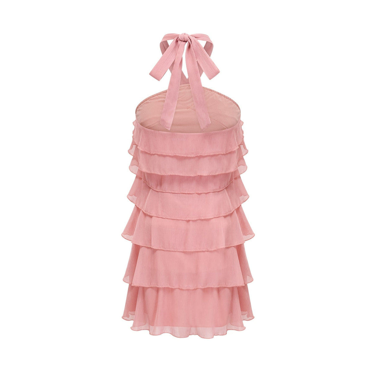 A short pink mini dress with a halter neckline and tiered skirt design