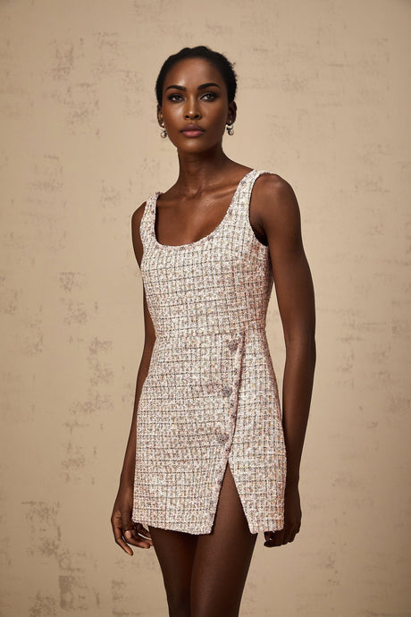 A short pink tweed dress with embellishments and a mini length named Aoife