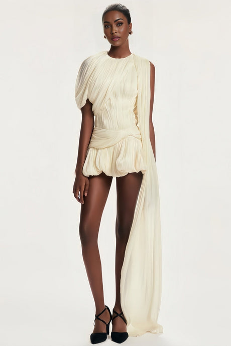 A short pleated mini dress with ribbon design details likely in a feminine style named Cyrielle
