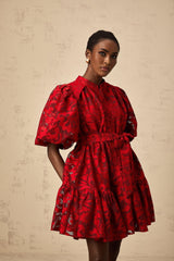 A short red jacquard mini dress with a semi sheer fabric featuring intricate patterns and a feminine silhouette