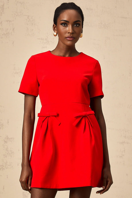 A short red mini dress with short sleeves and a bow detail