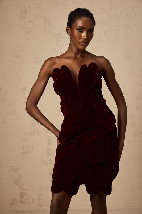 A short red velvet mini dress with floral applique details featuring a fitted silhouette and long sleeves