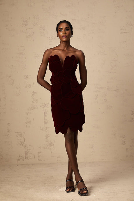 A short red velvet mini dress with floral appliques adorning the fabric