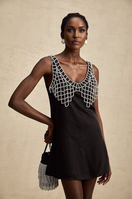 A short satin mini dress with crystal embellishments named Leonore