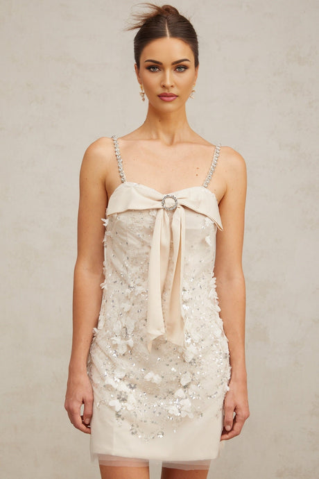 A short shimmering mini dress adorned with sequins featuring a design named Esther