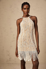 A short sleeveless dress with fringe details and embellishments named Giulietta in a mini length