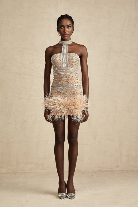 A short sleeveless mini dress adorned with crystal embellishments and featuring a feather trim along the hemline