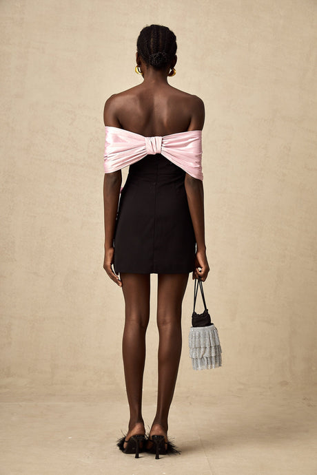 A short sleeveless mini dress with color blocking and a decorative bow accent