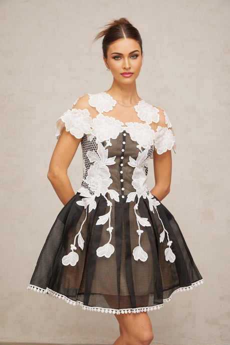 A short sleeveless mini dress with colorblocked panels and floral embroidery details named Sandrine