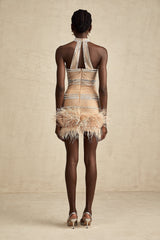 A short sleeveless mini dress with crystal embellishments and feather trim along the hemline