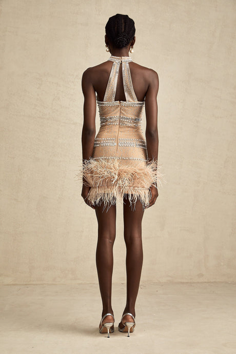 A short sleeveless mini dress with crystal embellishments and feather trim along the hemline