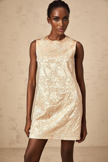 A short sleeveless mini dress with intricate embroidery and beaded embellishments named Isabelle