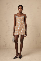 A short sparkly dress covered in sequins with a mini length and shimmering appearance