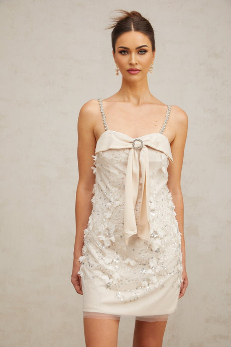 A short sparkly dress with sequin embellishments called the Esther mini dress