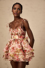 A short tiered mini dress with a strawberry print pattern on a light background featuring ruffled layers and a feminine silhouette