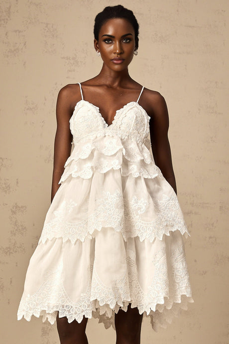 A short white dress with tiered ruffles and intricate guipure lace pattern featuring a fitted bodice and flared skirt