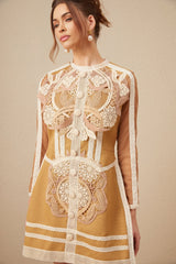 A short white lace mini dress with a peplum waist and cutout details featuring delicate floral patterns and a sleeveless design