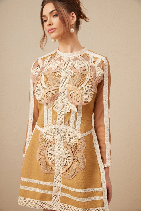 A short white lace mini dress with a peplum waist and cutout details featuring delicate floral patterns and a sleeveless design