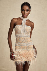 A short white mini dress adorned with crystal embellishments and featuring delicate feather trim along the hemline and neckline
