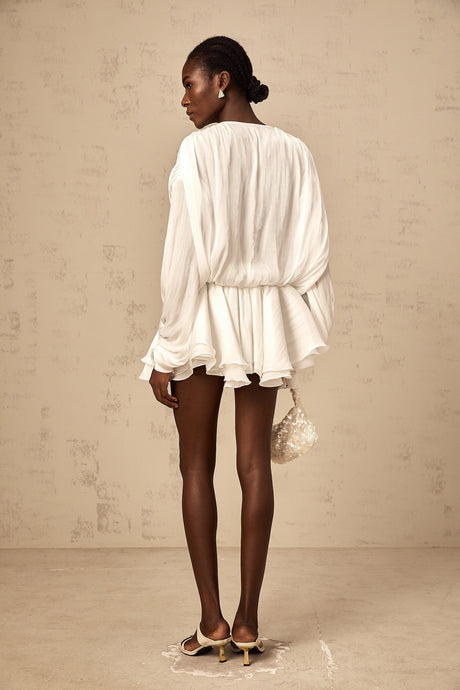 A short white mini dress with pleated fabric and glitter effect named Mahault
