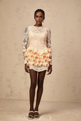 A short white mini dress with tiered ruffles and floral lace panels featuring a high neck and long sleeves
