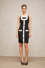 A sleeveless knit mini dress with a halter neckline featuring color blocks in different shades The dress has a form fitting silhouette and falls above the knee