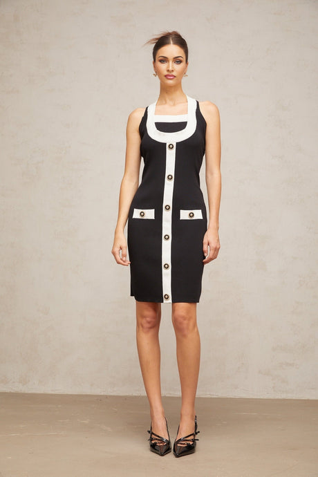 A sleeveless knit mini dress with a halter neckline featuring color blocks in different shades The dress has a form fitting silhouette and falls above the knee