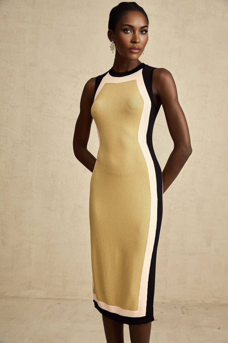 A sleeveless knitted midi dress with contrasting colors featuring a design by Léna
