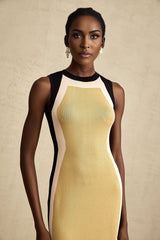 A sleeveless knitted midi dress with contrasting colors named Lena featuring a formfitting silhouette and ribbed texture