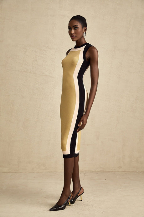 A sleeveless knitted midi dress with contrasting colors named Lena