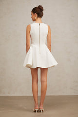 A sleeveless mini dress with a pleated peplum hem named Elise featuring a fitted bodice and flared skirt