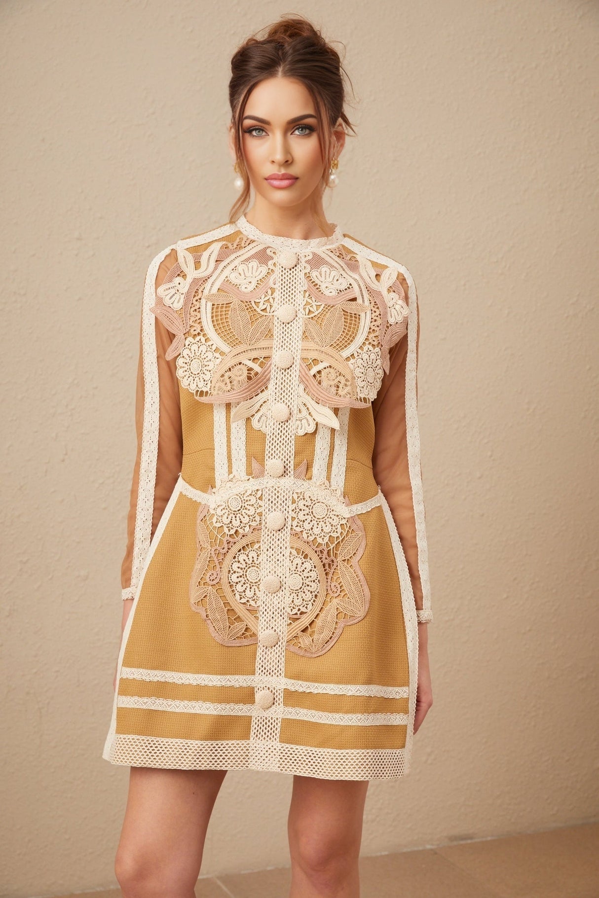 A sleeveless white lace mini dress with cutout details and a peplum waist featuring delicate floral patterns throughout