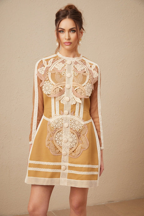A sleeveless white lace mini dress with cutout details and a peplum waist featuring delicate floral patterns throughout