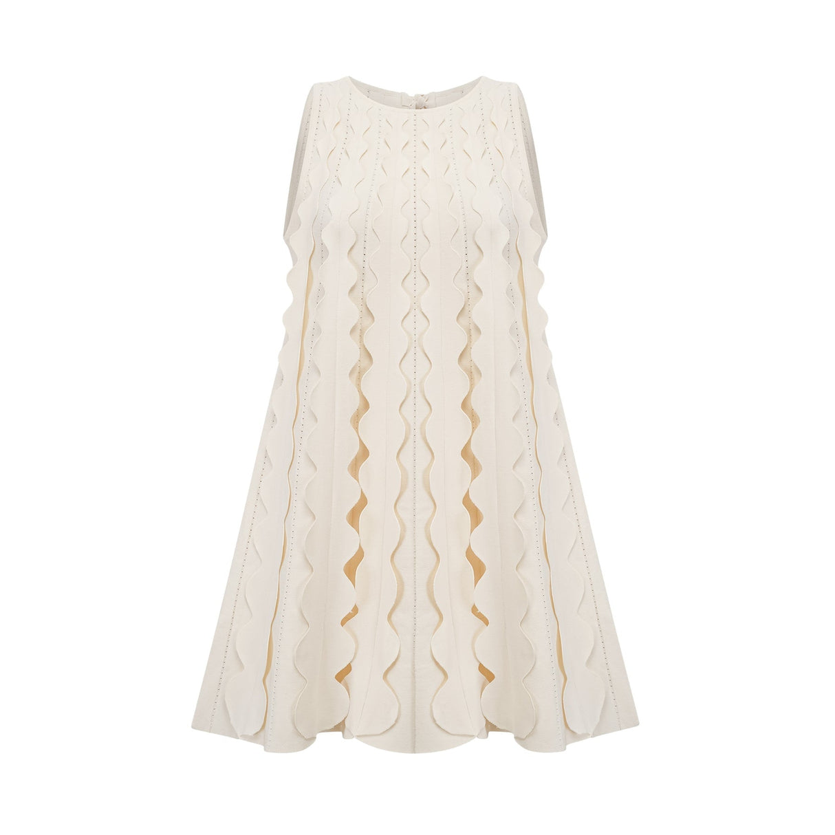 A sleeveless white mini dress with wavy details and a fitted silhouette named Axelle