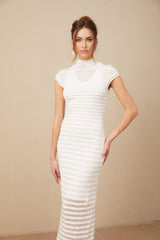 A tulle midi dress with horizontal stripes named Josephine featuring a feminine silhouette and airy fabric