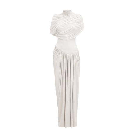 A white asymmetric maxi dress with pleated details and a flowing silhouette named Catherine