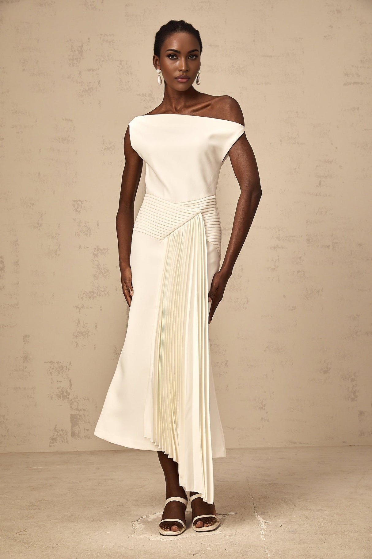A white asymmetric midi dress with draped detailing featuring a unique silhouette and flowing fabric