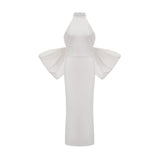 A white bandage dress with an oversized bow detail named Capucine featuring a formfitting silhouette and sleeveless design