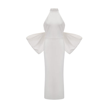 A white bandage dress with an oversized bow detail named Capucine featuring a formfitting silhouette and sleeveless design