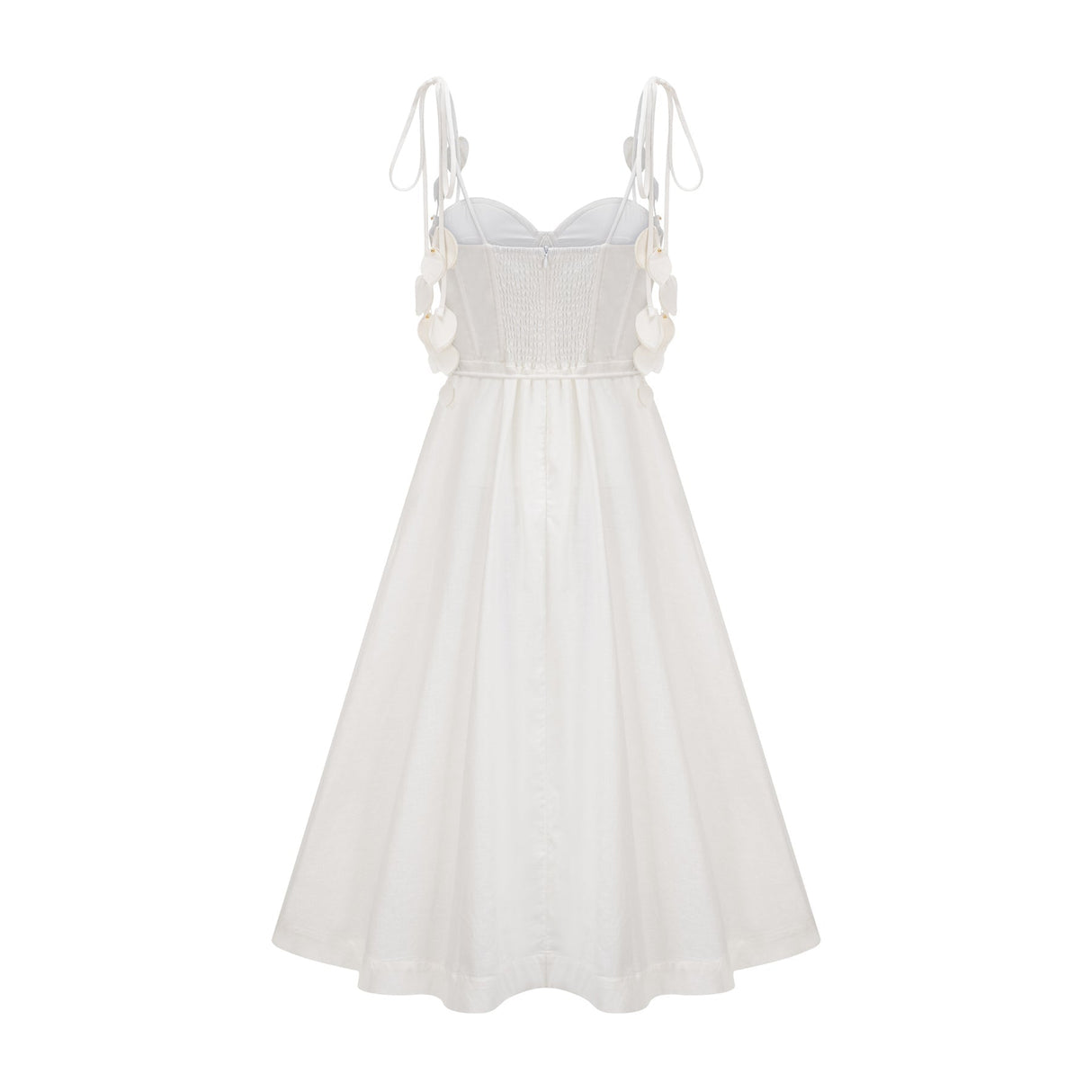 A white corsetstyle midi dress with a fitted bodice and flared skirt named Helene