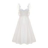 A white corsetstyle midi dress with a fitted bodice and flared skirt named Helene