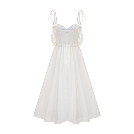 A white corsetstyle midi dress with a fitted bodice and flared skirt named Helene
