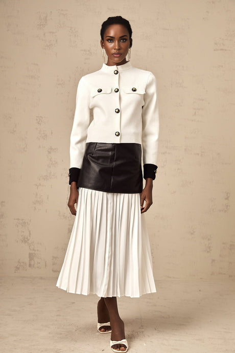 A white knitted jacket with contrasting color details named Cyrielle