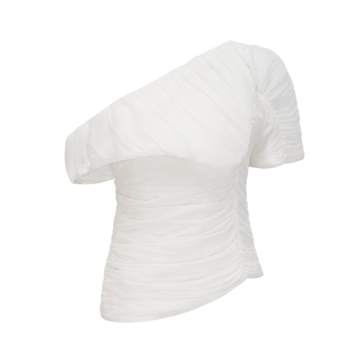 A white matching set featuring a creased top and trousers worn by a model standing against a plain background