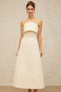 A white midi dress with a folded corset bodice and slim silhouette featuring a design by Raphaelle